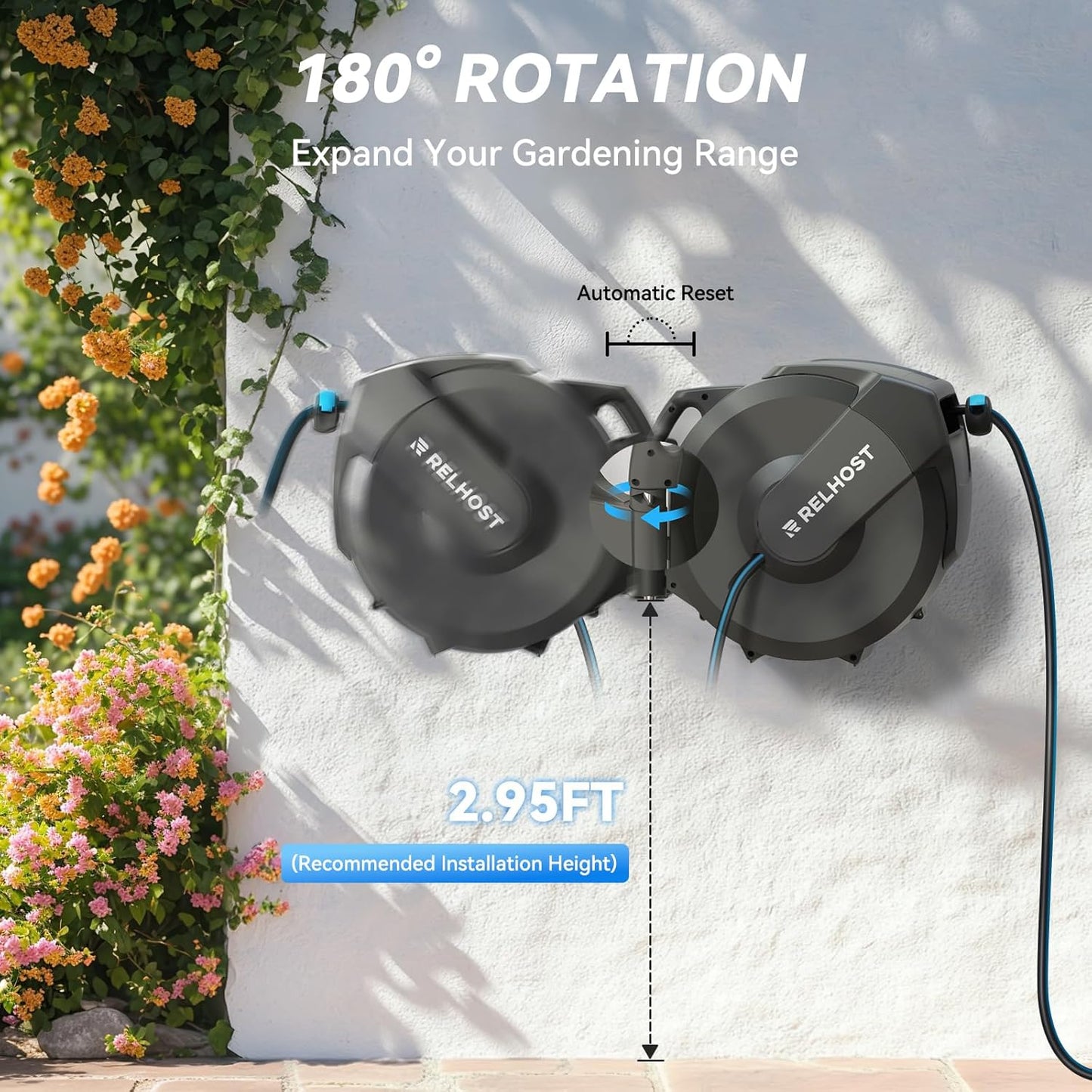 Retractable Garden Hose Reel 120 ft x 1/2 in, Heavy Duty Hose Reel Wall Mount with Any Length Lock, Slow Return System, 180° Swivel Bracket, 10-Pattern Garden Hose Nozzle, Dark Grey