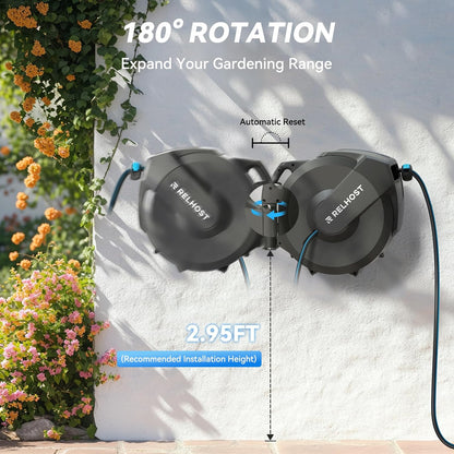 Retractable Garden Hose Reel 120 ft x 1/2 in, Heavy Duty Hose Reel Wall Mount with Any Length Lock, Slow Return System, 180° Swivel Bracket, 10-Pattern Garden Hose Nozzle, Dark Grey