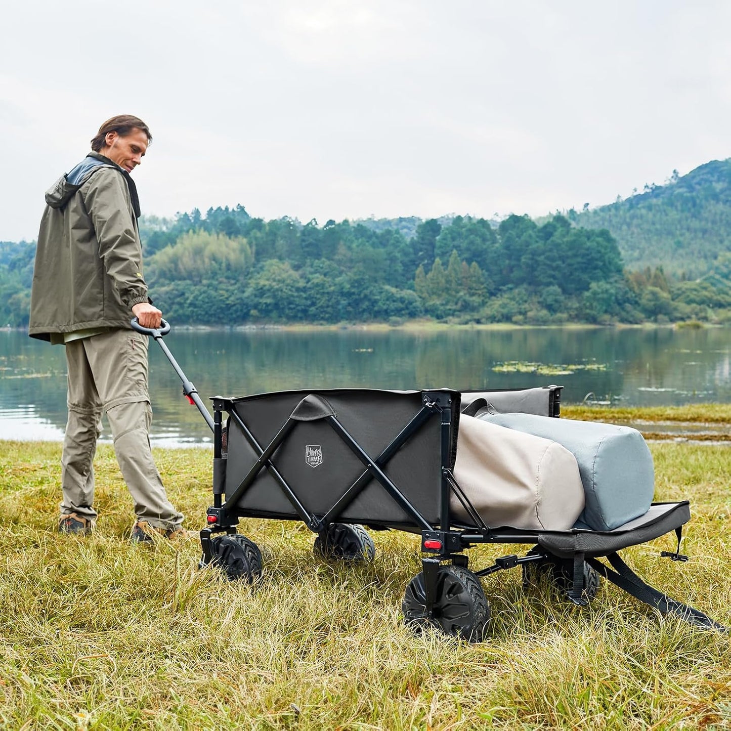 TIMBER RIDGE Beach Wagon with Tailgate, 300lbs Heavy Duty Collapsible Wagon with All-Terrain Big Brakes Wheels, Foldable Utility Cart for Sand Sports Shopping, Gray