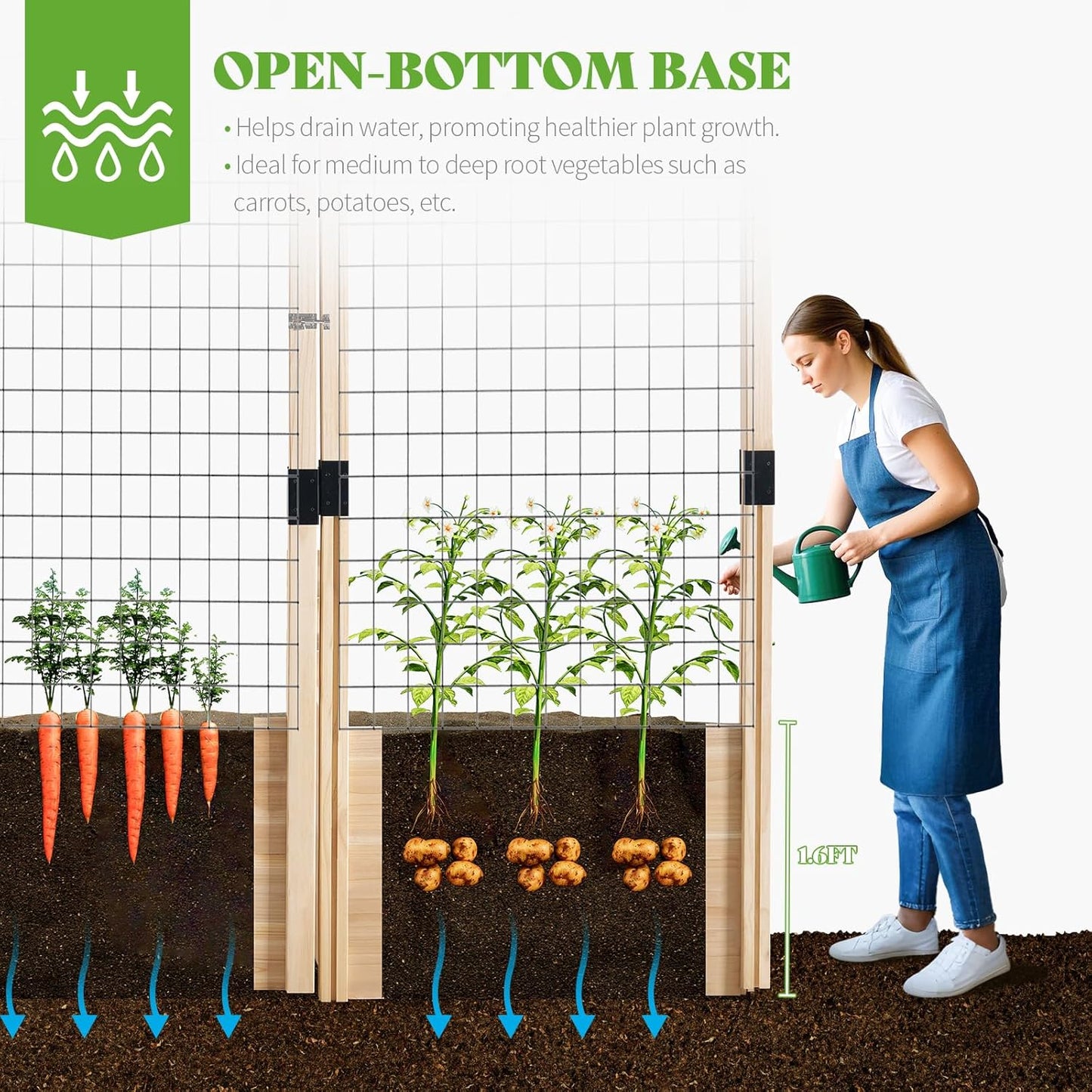 PaPaJet Wooden Raised Garden Bed for Outdoor, 1.6FT Depth Large Planter Box with Netting for Gardening, Vegetables, Flowers, Herbs（7.5× 8.9× 5.9FT）