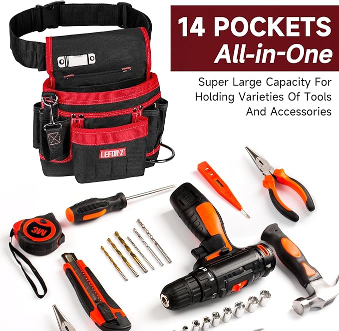 Tool Belt,Magnetic Tool Pouch,14-Pockets Tool Belts for Men,Detachable & Adjustable Tool Pouch Belt for Electrician,Carpenter,Construction,Work Apron,Utility Belt,Black-Red
