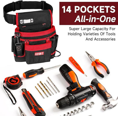 Tool Belt,Magnetic Tool Pouch,14-Pockets Tool Belts for Men,Detachable & Adjustable Tool Pouch Belt for Electrician,Carpenter,Construction,Work Apron,Utility Belt,Black-Red