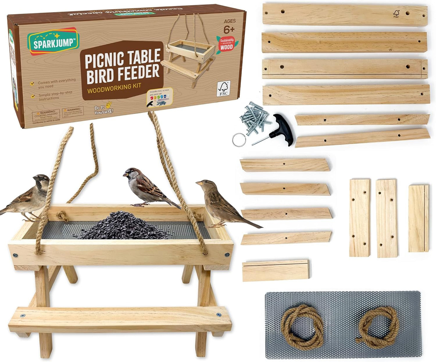 SparkJump Picnic Table Feeder for Squirrels - DIY Woodworking Project for Kids and Families, Includes Tools, Screws, and Paint Set, Sustainable FSC-Certified Wood, Ages 6+