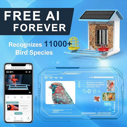 Bird Feeder with Camera-2K HD & Full Color Night Vision, Free AI Forever for 1,1000+ Species Identification, Solar Powered Wireless Outdoor, Includes 64GB TF Card, Two-Way Audio, App Alerts