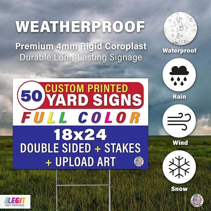 Personalized 18x24" Yard Signs, Double Sided Printing, Metal Stake Included, by Legit Fast Printing (50pk)