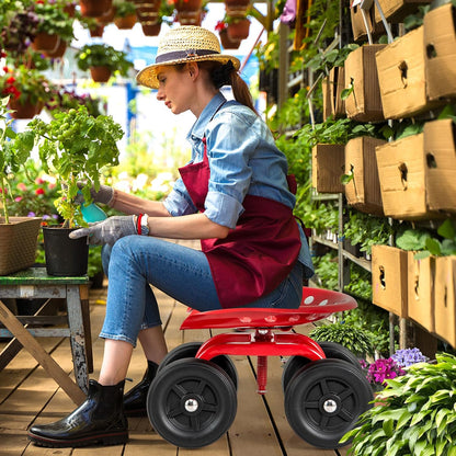 LDAILY Garden Seat with Wheels, Heavy-Duty Utility Stool Cart with Adjustable 11"-16" Height & 360° Rotatable, Rolling Garden Cart with Seat for Lawn Planting, Yard Work, Patio Gardening (Red)