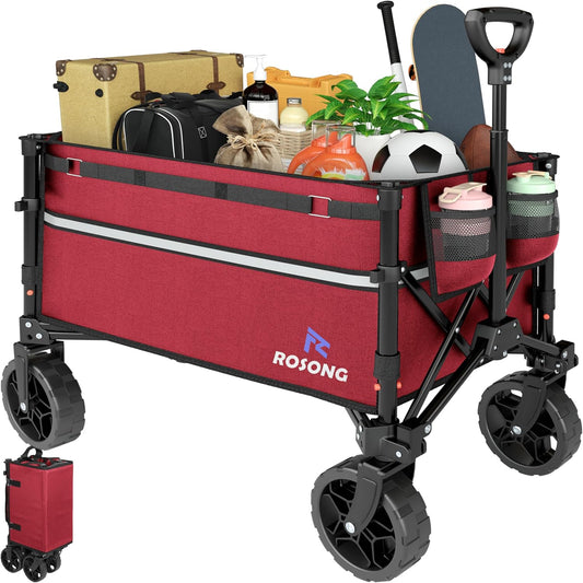 Collapsible Wagon Cart with Wheels Foldable - Folding Utility Heavy Duty Wagons Carts for Grocery Sports Garden Shopping Camping Wheelbarrows, Burgundy