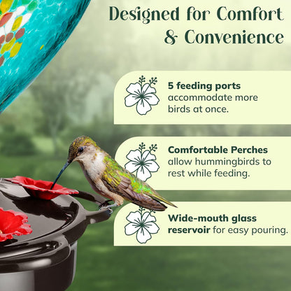 Hand Blown Glass Hummingbird Feeder for Outdoors All Season Use - 28 Fl. Oz. Leak Proof Hummingbird Feeder with Rust Proof Base - Includes Ant Moat, Ant & Bee Proof (Teal)