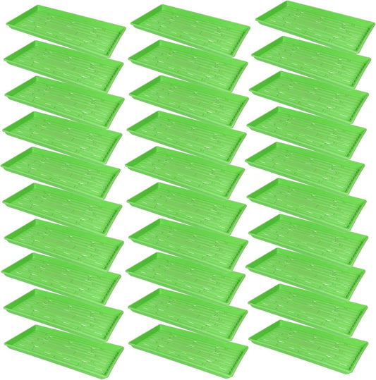 SUNPACK 10" x 20" Heavy Duty Shallow Plastic Seed Starting Tray, Green, 1" (Pack of 30) - Lined with Drainage Holes for Excess Water and Aeration, Ideal for Greenhouses or Indoor Gardening