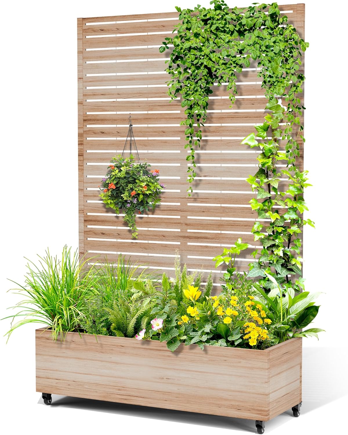 Metal Raised Garden Bed with Trellis, 2-in-1 Planter Box & Privacy Screen for Climbing Plants, Outdoor Standing Flower Bed with Drainage Holes, 47.2" L x 16.7" W x 70.8" H, Acacia Wood Grain