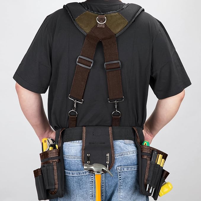 Tool Belt With Suspenders, 24 Pockets Tool Bag with Magnetic Wristband, Detachable Tool Pouch Bag, Adjustable Waists for Men Electrician Carpenter Construction (Brown)