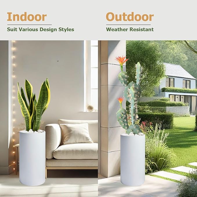19.5"H x 9.8"D Tubo Fiberstone Cylinder Tall Planter with Drainage Hole, Smooth Finishes, Weather Resistant for Indoor and Outdoor Use, Included 2 Extra Coco Mats (White, 8.2" Pot Opening)