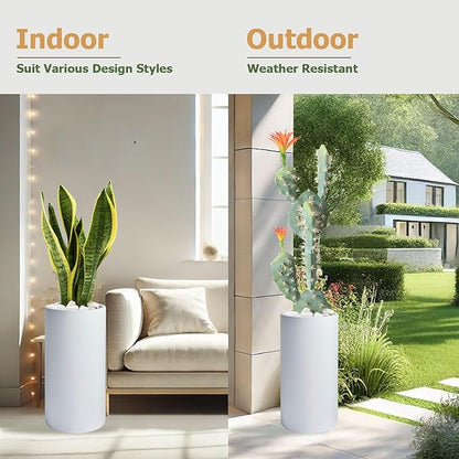 19.5"H x 9.8"D Tubo Fiberstone Cylinder Tall Planter with Drainage Hole, Smooth Finishes, Weather Resistant for Indoor and Outdoor Use, Included 2 Extra Coco Mats (White, 8.2" Pot Opening)