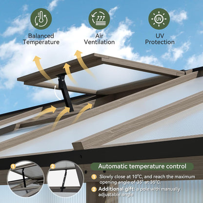 Aoxun 6x10 FT Walk-in Wooden Greenhouse,Solid Cedar Frame,Polycarbonate Panels, Automatically Temperature Control Roof Vent and Lockable Door,for Outdoor, Garden, Backyard,Patio, Lawn, Gray