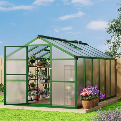 8x12 FT Polycarbonate Greenhouse with Roof Vent - Large Aluminum Walk-in Greenhouse Kit for Gardening, Backyard, Patio, Lawn - Easy Assembly