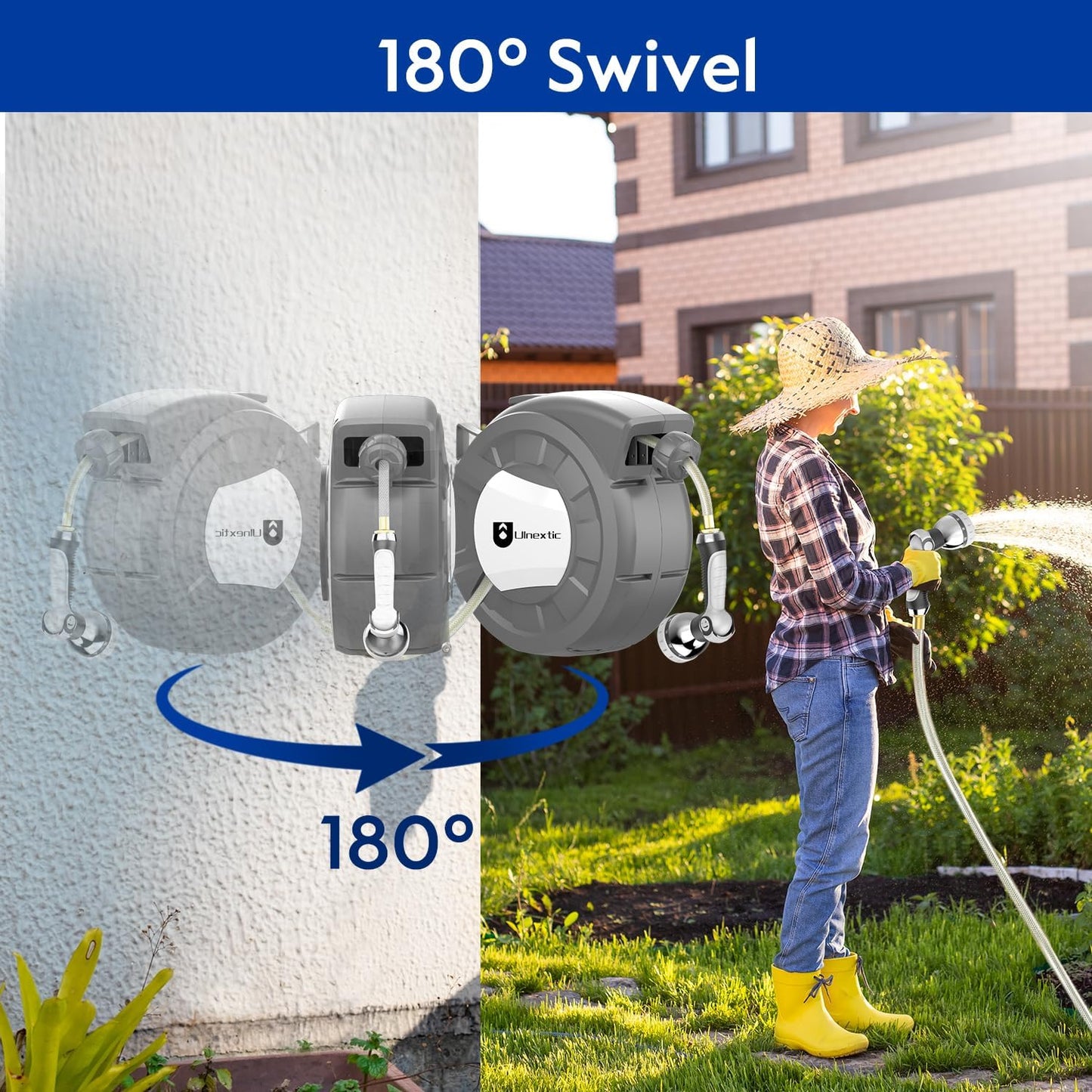 Retractable Garden Hose Reel,1/2 in x 50 ft Wall Mounted Hose Reel,10-Pattern Spray Nozzle, Any Length Lock/Slow Return System/Wall Mounted/180°Swivel Bracket