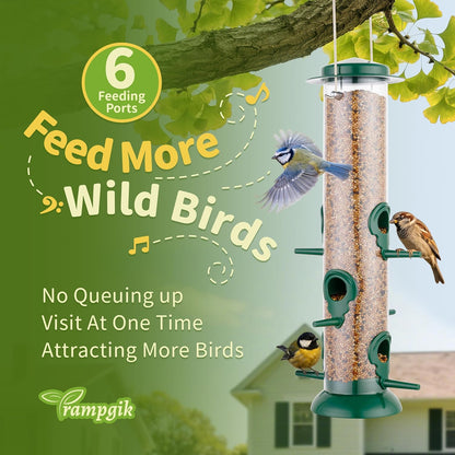 Metal Tube Bird Feeders for Outdoors Hanging,Finch Feeders for Outside,Chew-Proof Hanging Birdfeeder,Squirrel-Proof 6 Ports Bird Feeder 13 Inch,Anti-Rust,Green,1 Pack(Seed is not Included)
