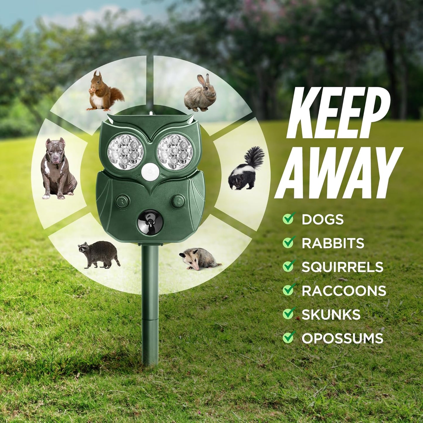 Solar Animal Repellent Outdoor, Ultrasonic Deer Repeller, Raccoon, Squirrel Deterrent Device, Waterproof Motion Detection, Rodent Against Rabbit, Skunk for Garden, Lawn, Farm Use