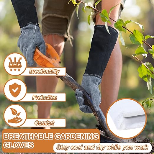 HLDD HANDLADNY Long Gardening Gloves, Cowhide Leather, Thorn Proof & Breathable for Rose Pruning & Yard Work (Men & Women)