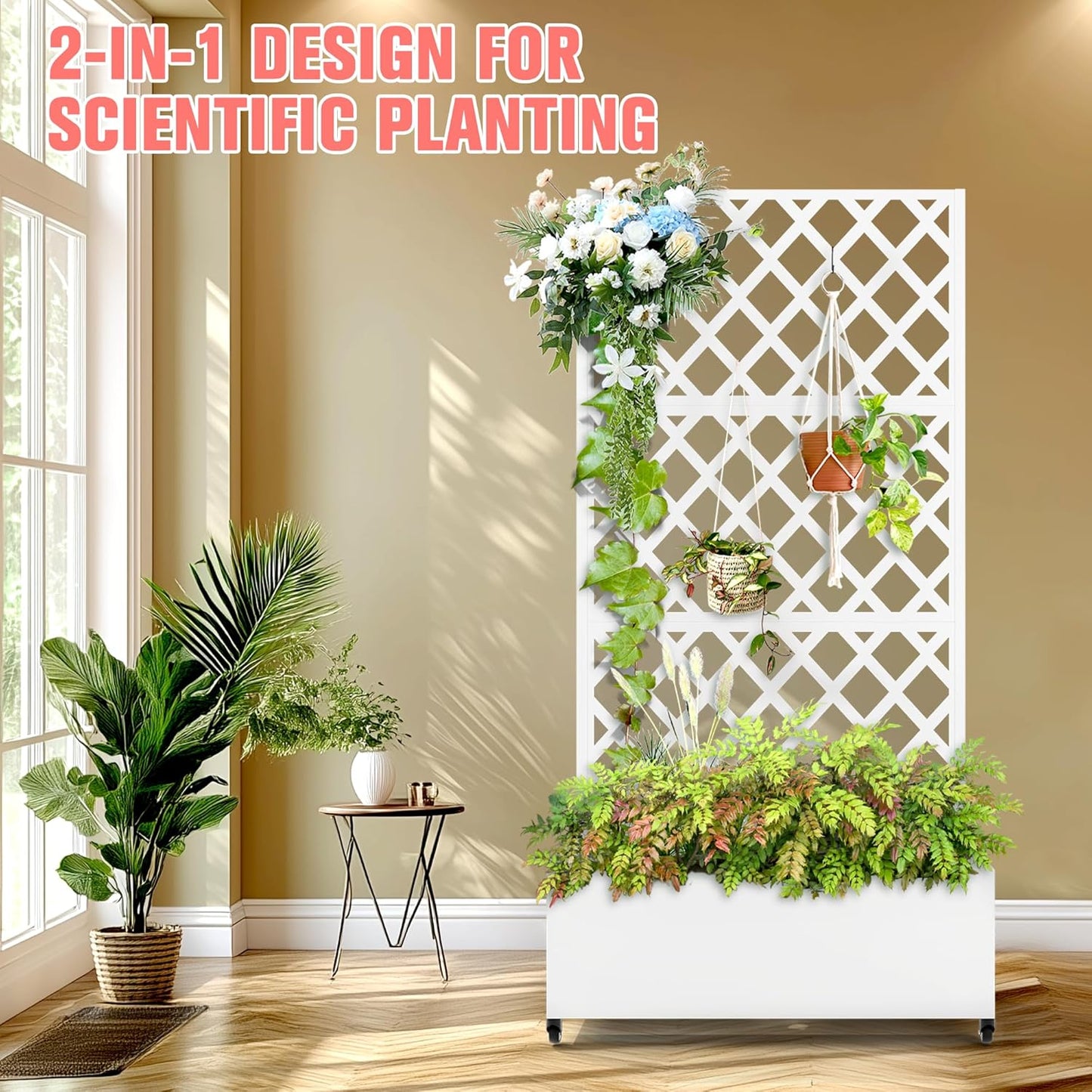 Metal Planter Box with Trellis, Raised Garder Bed with Drainage Hole, Privacy Screen & Trellis for Climbing Plants, Outdoor Plant Stands, 35''L×17''W×73''H, White