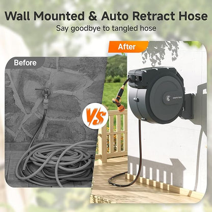 Giraffe Tools Retractable Garden Hose Reel 1/2 Inch x 100 ft, Super Heavy Duty, Any Length Lock, Slow Return System, Wall Mounted and 180 Deg Swivel Metal Bracket