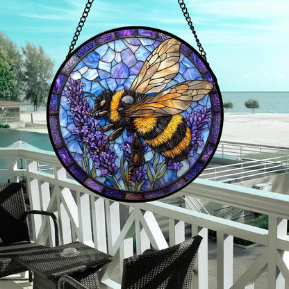 Stained Glass Window Hanging, Bee Lavender Sun Catchers Diamond Glass Panel Hangings Insect Suncatcher Decor for Birthday for Women, Men, Wife, Aunt, and Mom 14.9x14.9 in