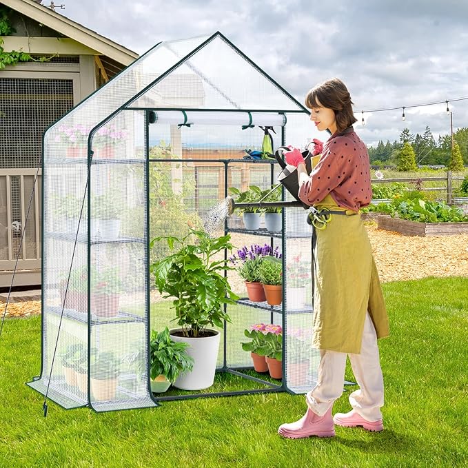 Ohuhu Small Greenhouse for Outdoors: 4 Tiers 6 Shelves Walk-in Indoor Green House Heavy Duty Plant Stands Reinforced Plastic PE Cover Mini Portable Warm House for Outside, 4.8x2.5x6.4 FT White