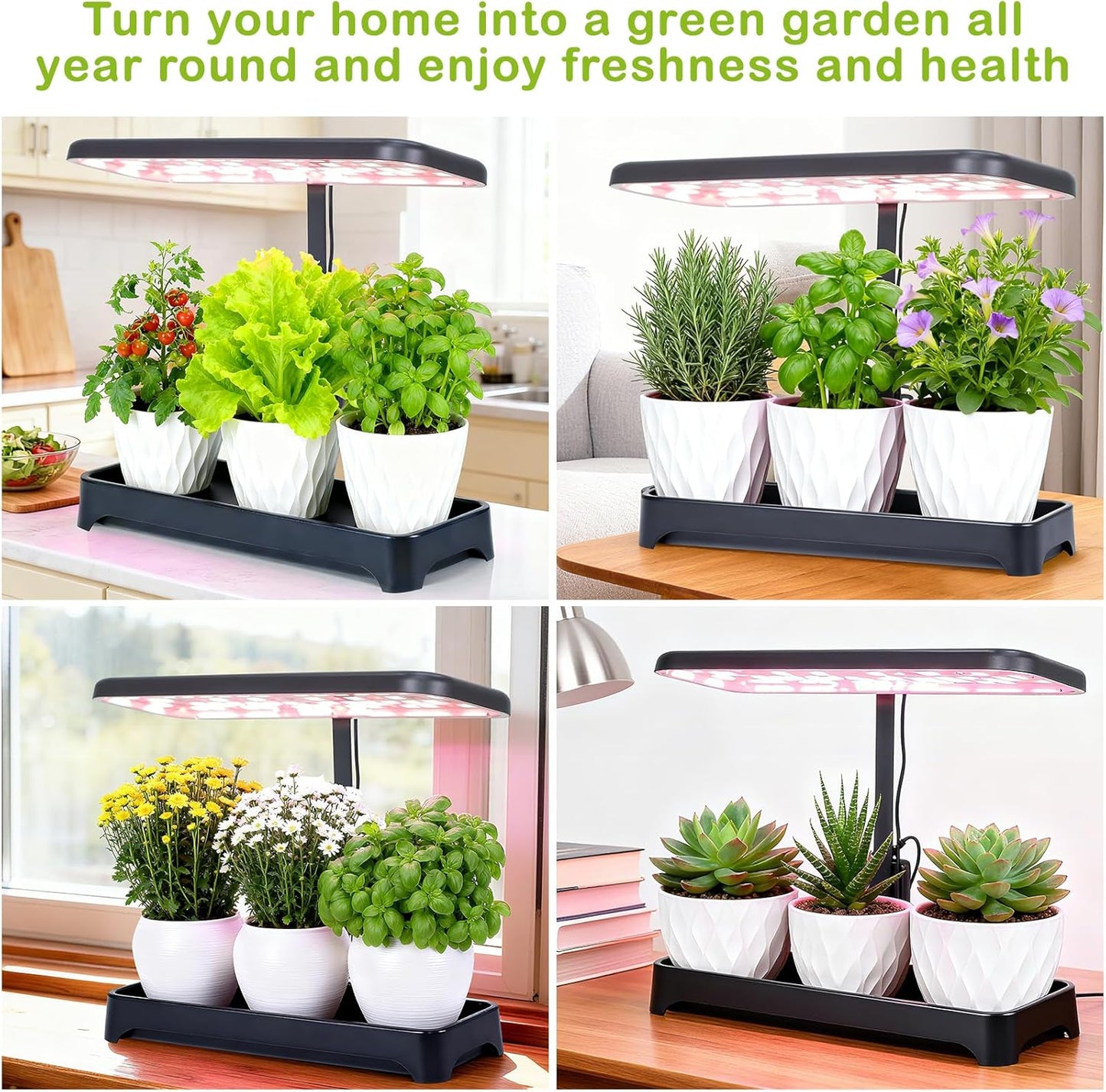 Indoor Garden Led Grow Light, Herb Kitchen Garden Grow Kit, Full Spectrum LED Plant Light for Plants, Height Adjustable Growing Lamp with Intelligent Controller (Not Pots) (Black, 16.5*6.5*4 inch)