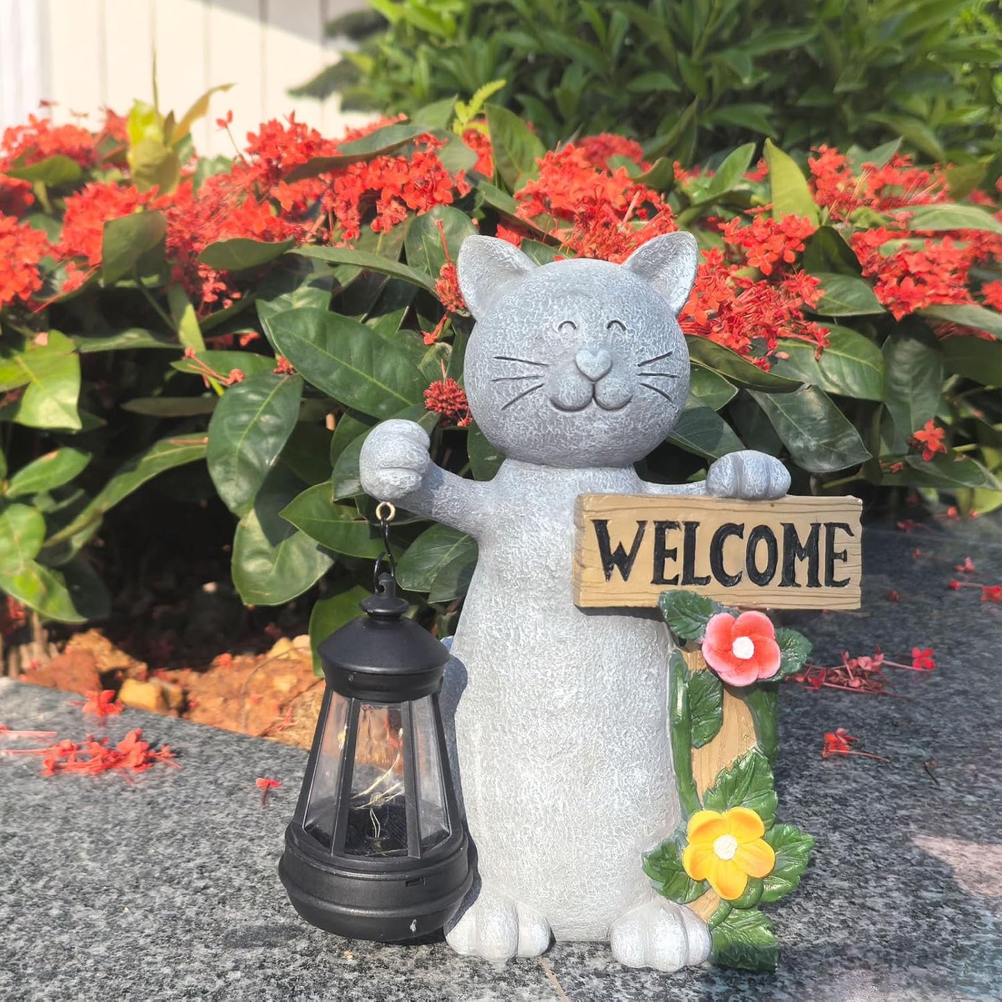 Solar Cat Statue Outdoor Decor-9.4" Welcome Garden with Sculpture Solar Lantern Flowers,Weatherproof Resin Art for Patio, Lawn,Yard Outside, for Women,Grandma,Adults,Kids,Cat Lovers