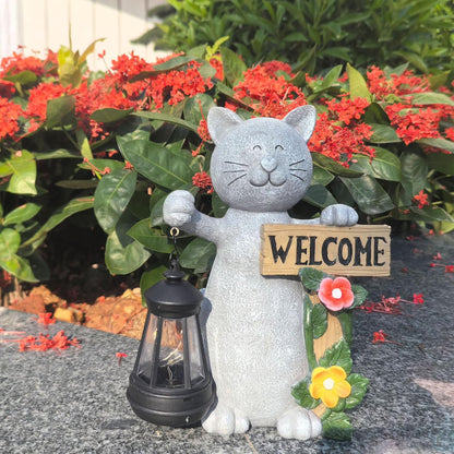 Solar Cat Statue Outdoor Decor-9.4" Welcome Garden with Sculpture Solar Lantern Flowers,Weatherproof Resin Art for Patio, Lawn,Yard Outside, for Women,Grandma,Adults,Kids,Cat Lovers