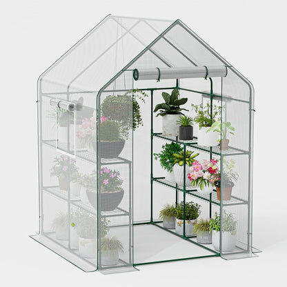 56×56×78Inch Walk-in Greenhouse for Outdoors with Screen Windows, Heavy Duty Small Plant House with Thicken PE Cover and Steel Shelves, Portable Green House for Outside Garden Winter, White
