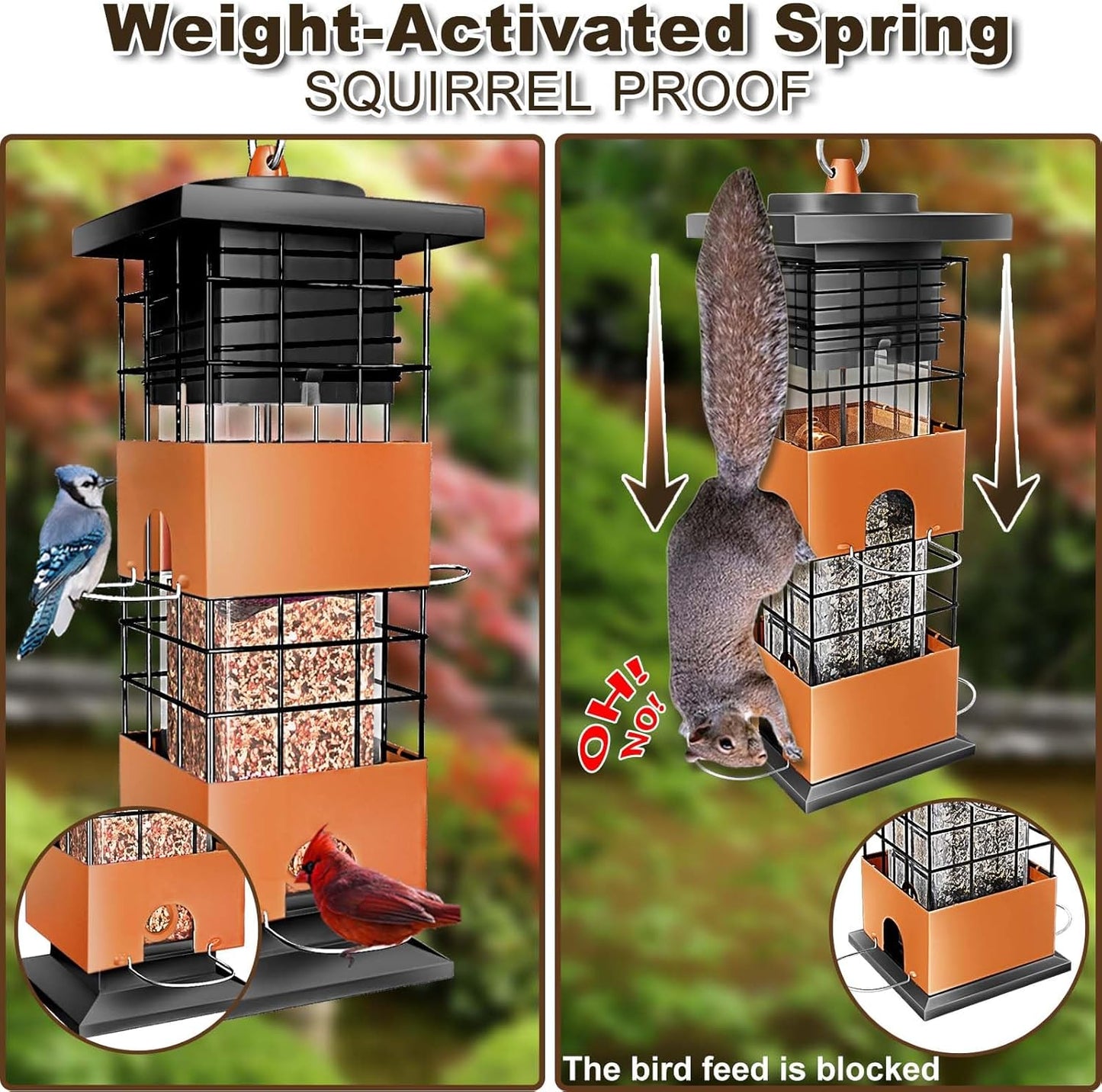 Squirrel Proof Bird Feeder, 3Lbs Hanging Anti-Squirrel Bird Feeders for Outdoors, Metal Weight-Activated Perches Wild Birdfeeder for Blue Jay, Cardinal (Brown)