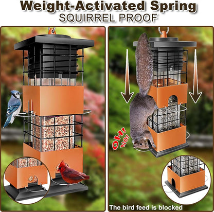 Squirrel Proof Bird Feeder, 3Lbs Hanging Anti-Squirrel Bird Feeders for Outdoors, Metal Weight-Activated Perches Wild Birdfeeder for Blue Jay, Cardinal (Brown)