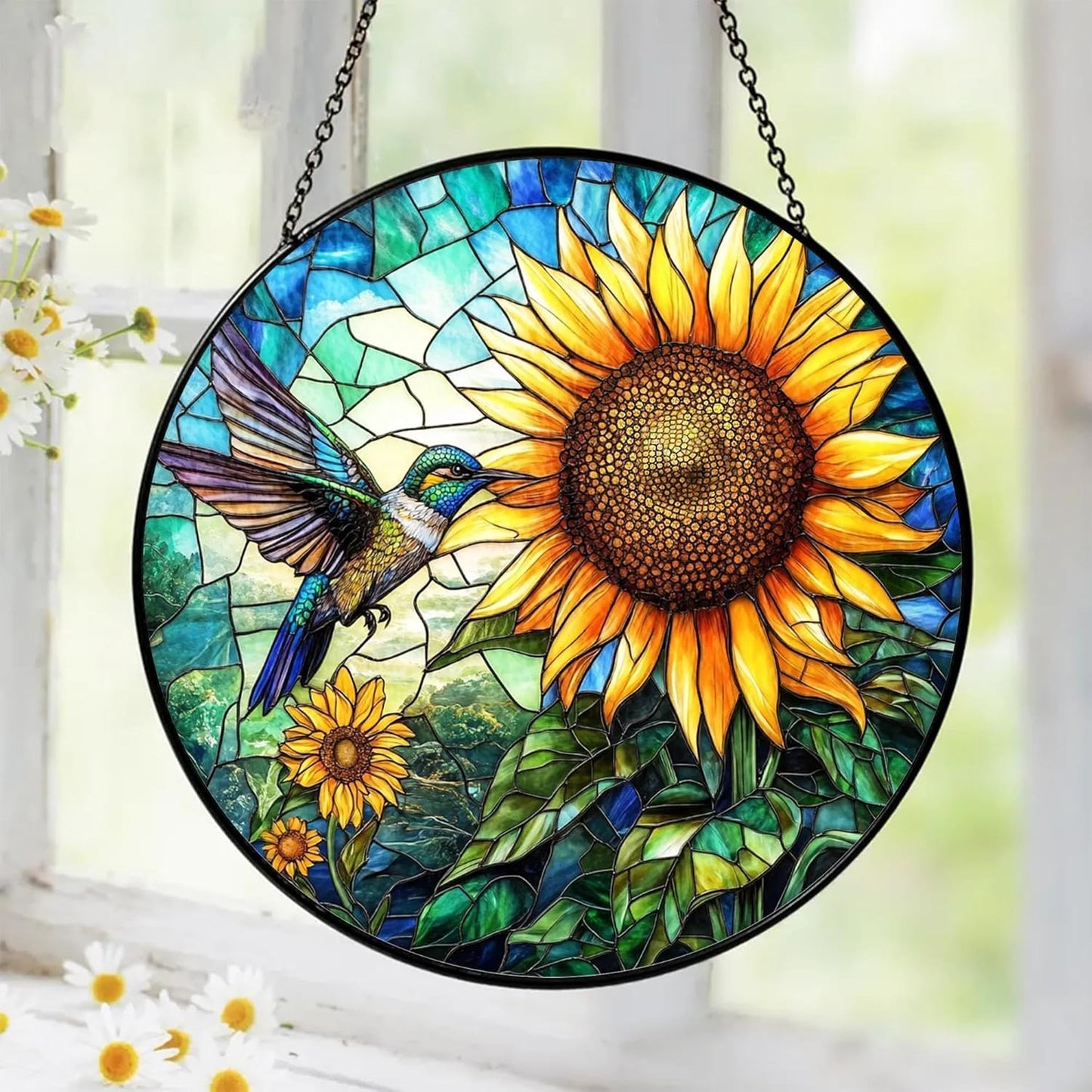 Hummingbird Stained Glass Suncatcher, Sunflower Window Hanging Stained Glass Suncatcher Hummingbird Window Hanging Garden Decor for Mom, Grandma, Birthday Gifts for Women Bird Lovers