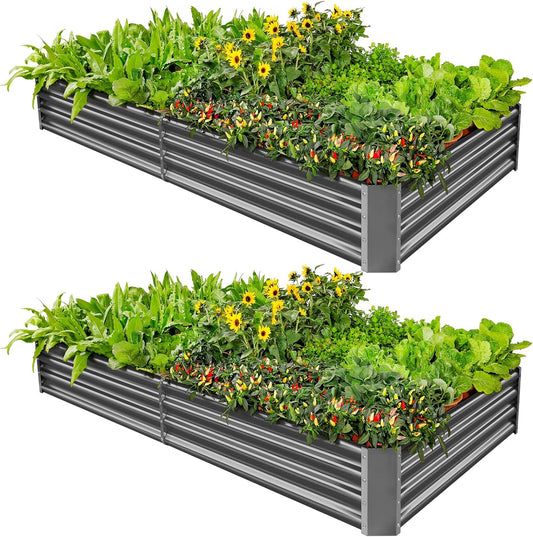 Land Guard 2 Pack 8×4×1ft Galvanized Metal Raised Garden Bed, Metal Planter Kit Box Outdoor for Deep-Rooted Vegetables, Flowers, Green and Herbs (Mid-Grey)