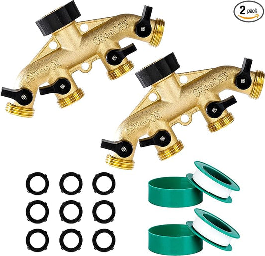 Dalmbox Garden Hose Splitter 4 Way, Water Hose Splitter, 3/4" Heavy-Duty Brass Garden Hose Splitter, Includes 9 Rubber Washers & Teflon Tape(2 pack)