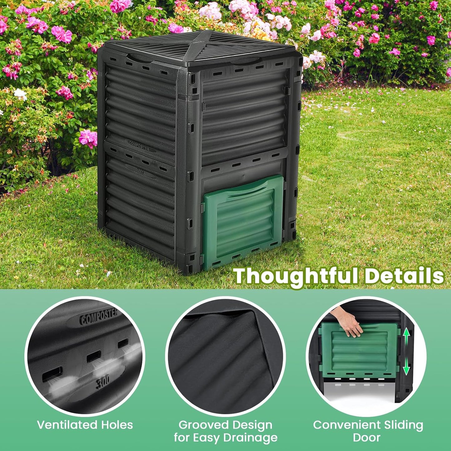 Compost Bin Outdoor, 80 Gallon Garden Compost Bin with Top Lid & Bottom Door, Aerating Outdoor Compost Box Waste Container Barrel Fertilizer for Garden & Yard (Black & Green)