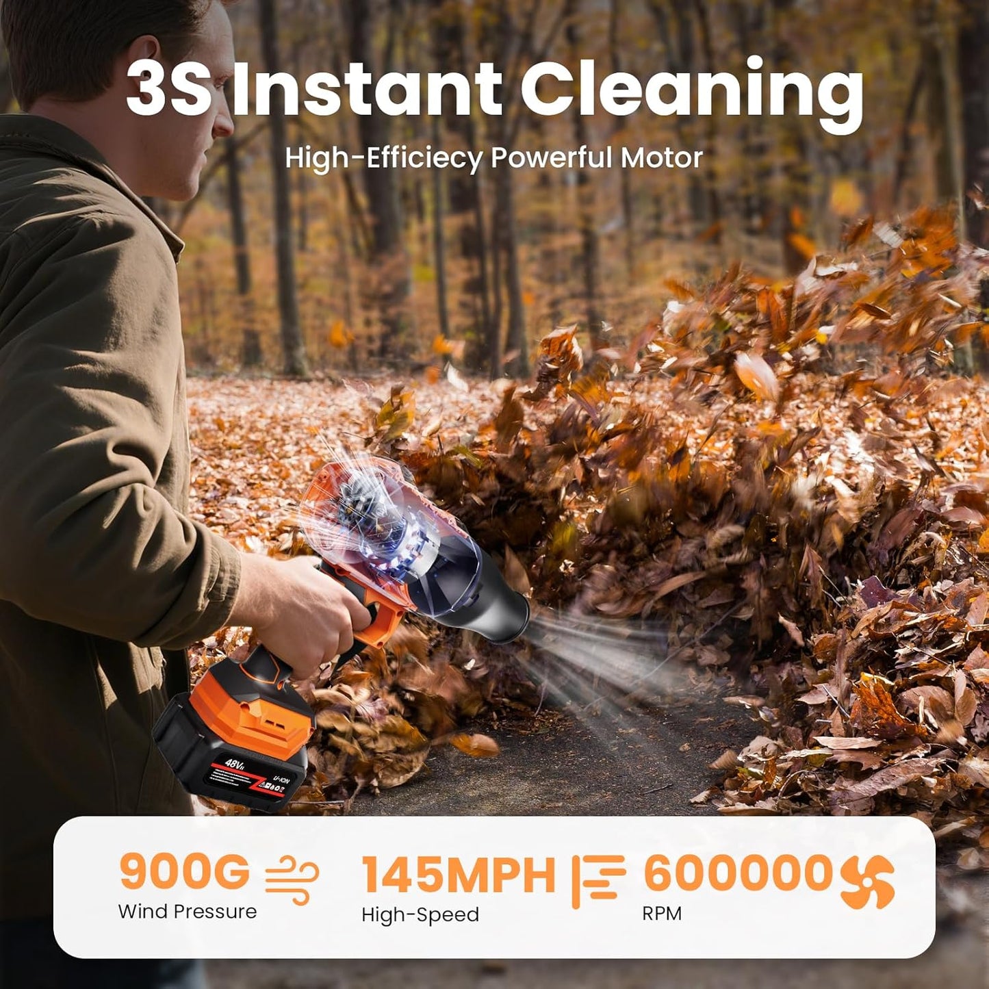 Leaf Blower Cordless, 48V Dual Batteries, 30000 RPM Turbo Jet Blower with Extended Nozzles, Premium Lightweight Handheld Set for Lawn Care, Leaf/Car/Snow/Dust Cleaning in Patio & Yard