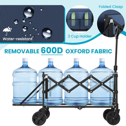 Collapsible Wagon with Tailgate, Wagons Carts Foldable with 350lbs Capacity, Lightweight Portable Utility Wagon Cart for Shopping Camping Sports Garden (Navy)