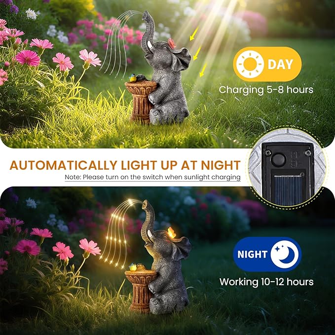 Garden Decor Watering Elephant Statues, Housewarming, Birthday Gifts for Women Mom Grandma, Garden Sculptures- Outdoor Statue Solar Lights Ornament for Yard Patio Balcony