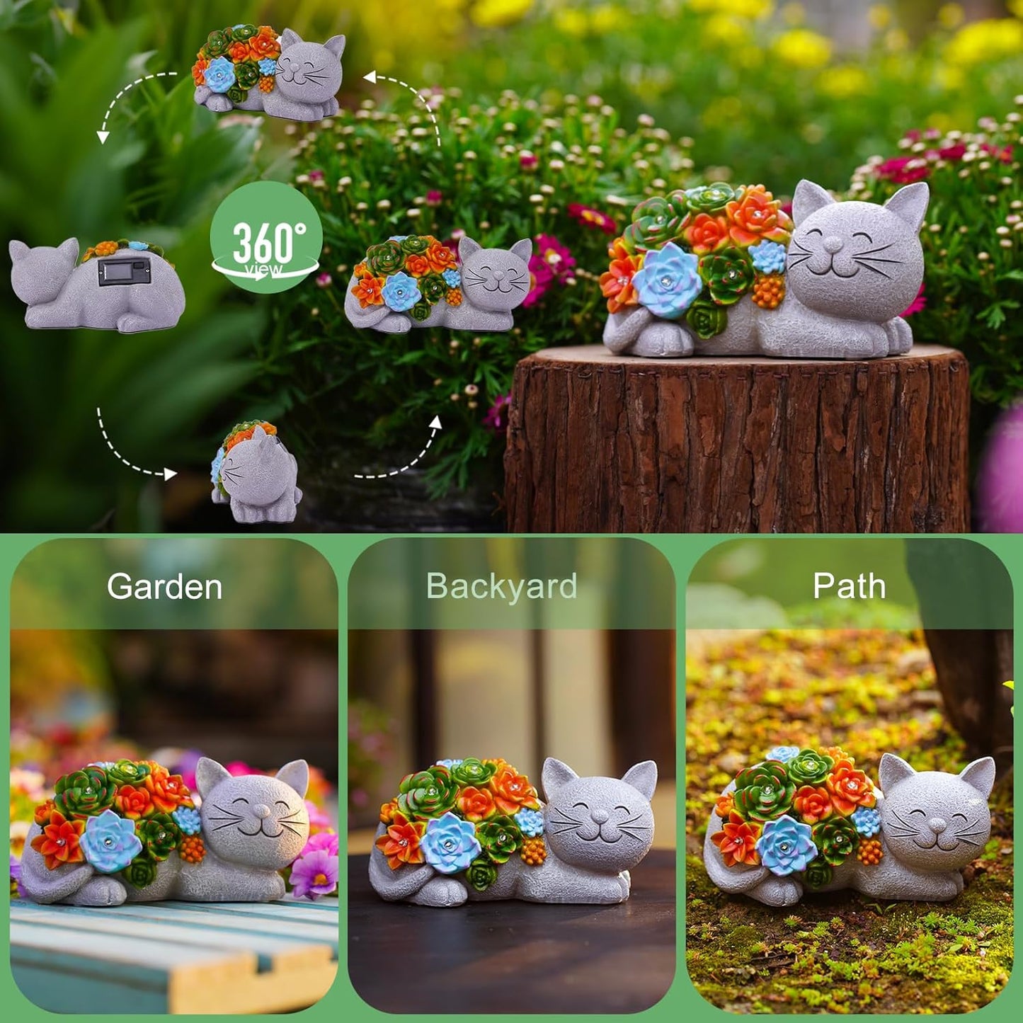 Solar Cat Garden Statue for Outdoor: Outside Sculpture Art Decor Yard Lawn Porch Backyard Ornament- Ideal Gifts for Mom Mother Women