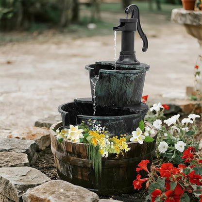 Magshion Barrel and Pump Water Fountain, Freestanding Cascading Waterfall Fountain with Electric Recirculating Pump, 2-Tier Water Feature Decor for Garden, Patio, Backyard, or Porch, Dark Green