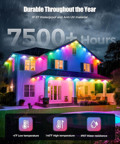 POOFZY Permanent Outdoor Lights for House, 50ft RGB+IC Smart Outdoor Decor, 50 Scene Modes, App/Remote Control, IP68 Waterproof, for Christmas, Holiday, Daily & Pool Party Decor, House Roof Lighting