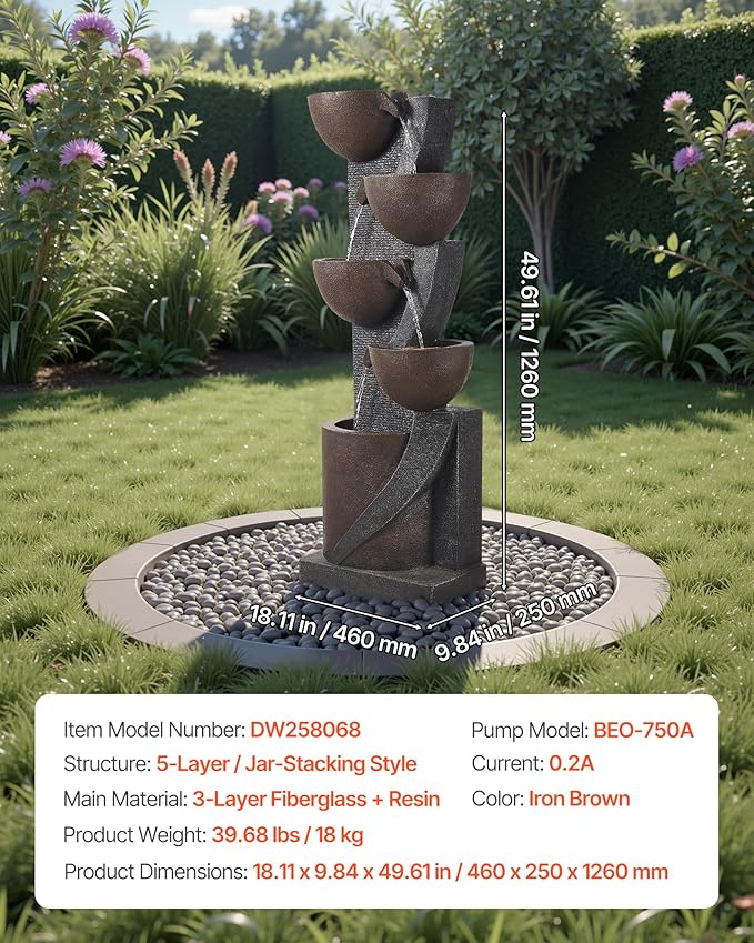 VEVOR Outdoor Water Fountain, 49.61 in Height Fountain and Waterfall, 5-Tier Floor Standing Jar-Shaped Cascading Fountains with LED Light and Pump, for Outdoor Indoor Garden, Home, Patio & Backyard