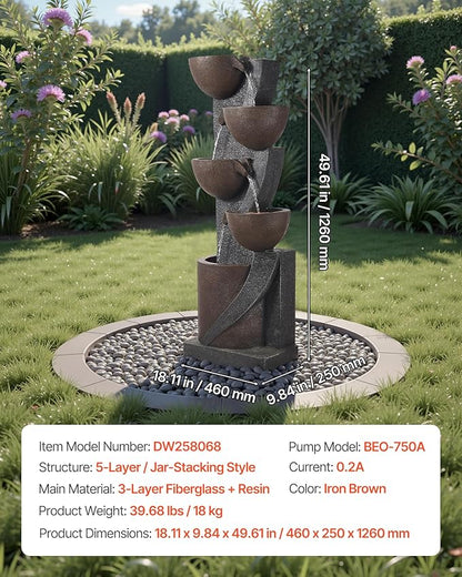 VEVOR Outdoor Water Fountain, 49.61 in Height Fountain and Waterfall, 5-Tier Floor Standing Jar-Shaped Cascading Fountains with LED Light and Pump, for Outdoor Indoor Garden, Home, Patio & Backyard