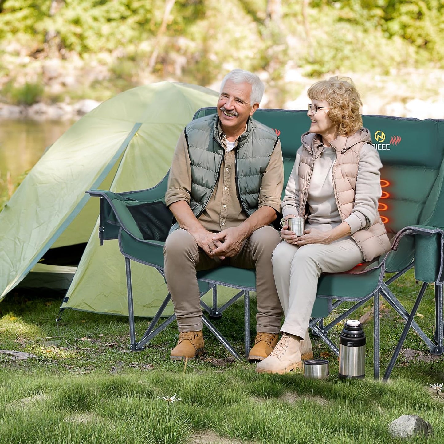 Nice C Heated Camping Chair with Battery, Heated Double Camping Couch, Oversized Thick Padded Loveseat, Heated Camping Chair for Adults, with Cooler Bag, Bottle Opener, Power Bank (Green)