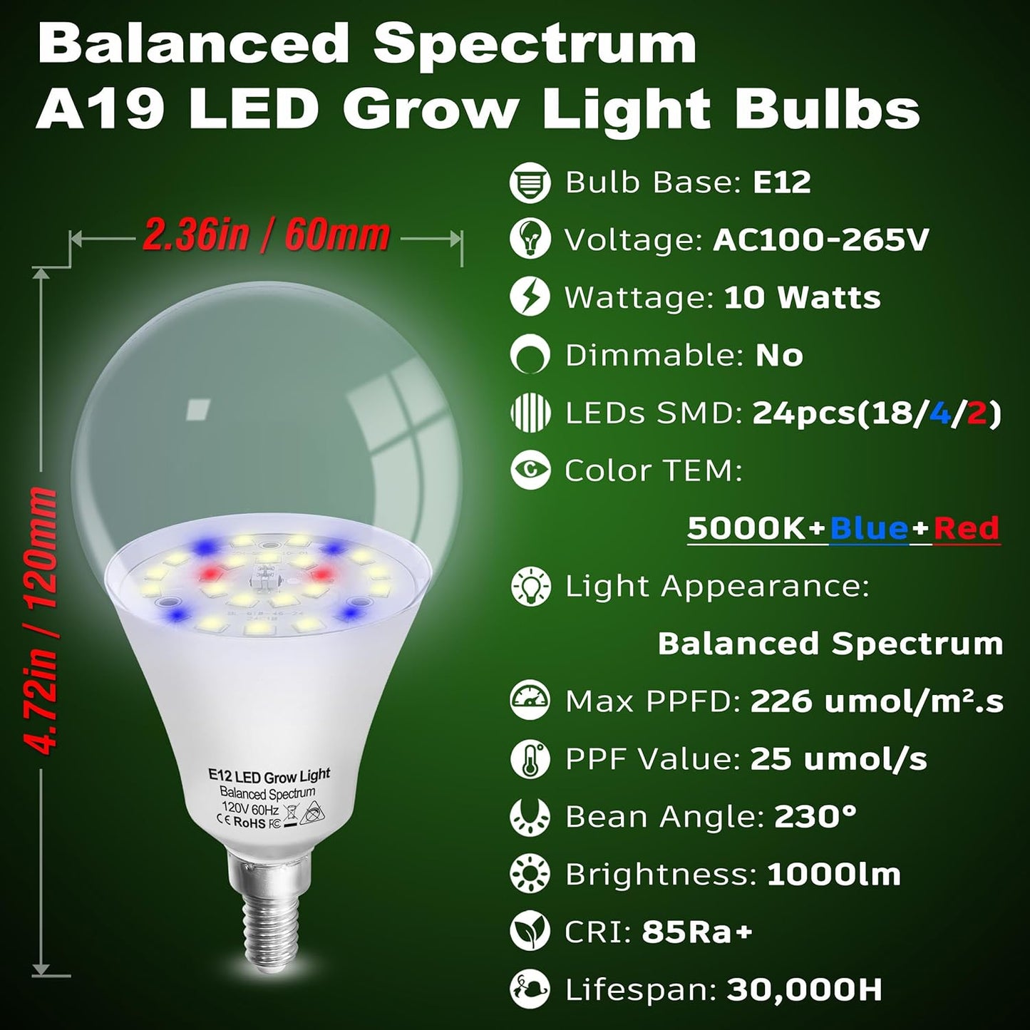 Full Spectrum Small Base E12 Candelabra Plant Grow Light Bulbs,Red Blue Yellow 5000K White Plant Growing Lamp Bulbs 10W with Balanced Spectrum for Indoor Seeds Greens Laboratory,School,Greenhouse,2Pcs