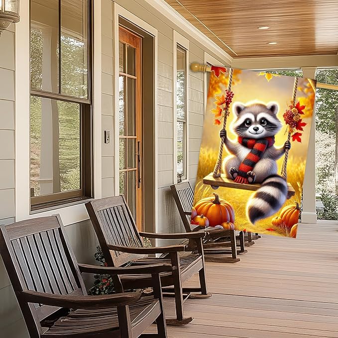 Thanksgiving Fall Garden Flag 12x18 Inch Welcome Raccoon Outdoor Flag Double Sided Autumn Yard Banner with Swing Pumpkins and Leaves for Porch Lawn Patio Seasonal Decor