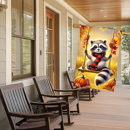 Thanksgiving Fall Garden Flag 12x18 Inch Welcome Raccoon Outdoor Flag Double Sided Autumn Yard Banner with Swing Pumpkins and Leaves for Porch Lawn Patio Seasonal Decor