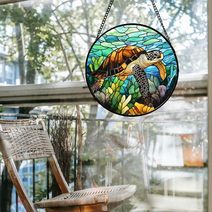 Stained Glass Window Hanging - Cute Sea Turtle Suncatcher for Door Garden Yard Blue Ocean Sun Catchers Decor Christmas Mother's Day Birthday Children's Gifts for Women Mom Nana Friend 7.8 in